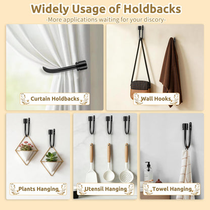 Curtain Holdbacks 2 Pack, HOTOZON Decorative Curtain Tieback with Screws Wall Mounted, Curtain Hooks for Drapes with Simple End Finials, Black (1 Pair/2 Pack), Large