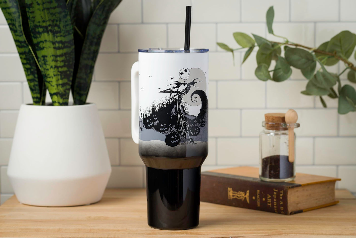 Silver Buffalo Disney Nightmare Before Christmas by Tim Burton Jack Skellington Hill and Moon Double Walled Stainless Steel Tumbler with Handle and Straw, Fits in Standard Cup Holder, 40 Ounces