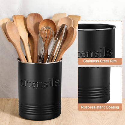 FoldTier 2 Pack Kitchen Utensil Holder for Counter 6.7"+4.7" Farmhouse Cooking Utensil Crock with Cork Bottom Modern Farmhouse Decors Countertop Storage Organizer Caddy Housewarming Gift(Black)