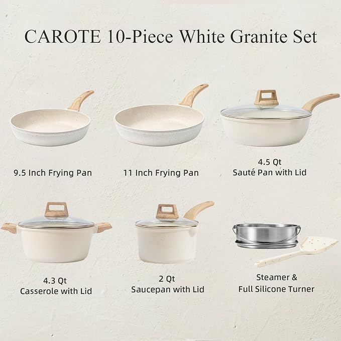 CAROTE 10Pcs Pots and Pans Set Nonstick, Non Stick Cooking Set w/Frying Pans & Saucepans, Induction Kitchen Cookware Set