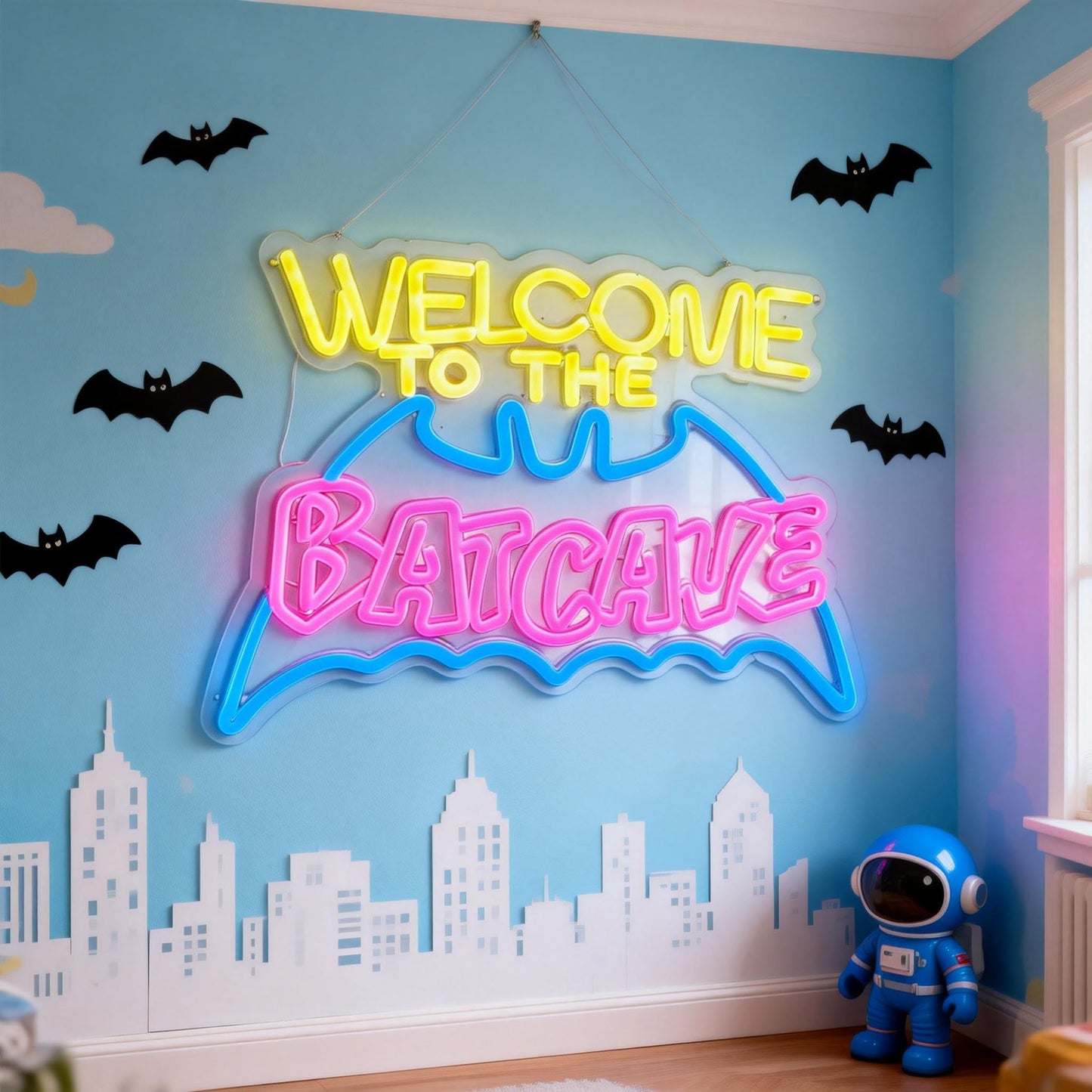 Bat Cave Neon Sign for Wall Decor - Dimmable LED Neon Light for Man Cave, Gamer Room, Bedroom, Dorm - Cool Hero Inspired Wall Art & Gift - 16.5 x 11 Inches, USB Powered