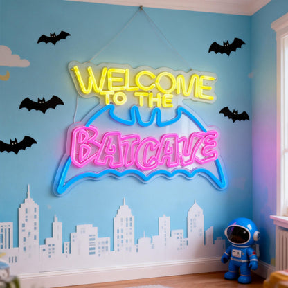 Bat Cave Neon Sign for Wall Decor - Dimmable LED Neon Light for Man Cave, Gamer Room, Bedroom, Dorm - Cool Hero Inspired Wall Art & Gift - 16.5 x 11 Inches, USB Powered