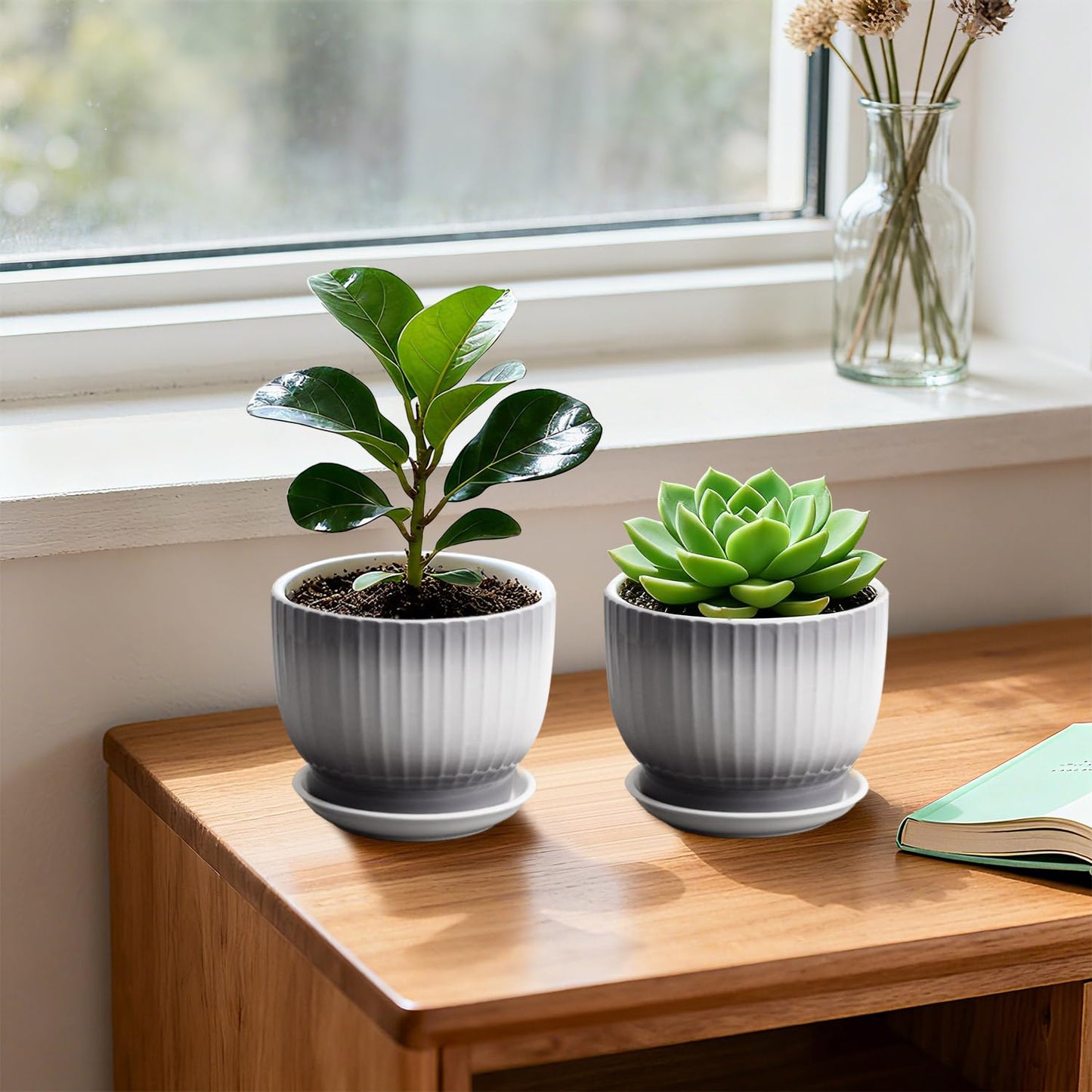 YUFDA Ceramic Plant Pots,5.5 Inch,Set of 4,Planters with Drainage Hole and Saucer,Flower pots for Indoor Plants,Modern Design(Gray+White)
