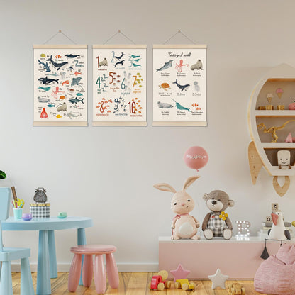 DOI-LANEE Numbers Alphabet Educational Poster for Kids - 3pcs 16x12 Inch - Ocean ABC Hanger Frame Playroom Nursery Wall Decor for Toddler - Kindergarten Teacher Classroom Must Haves