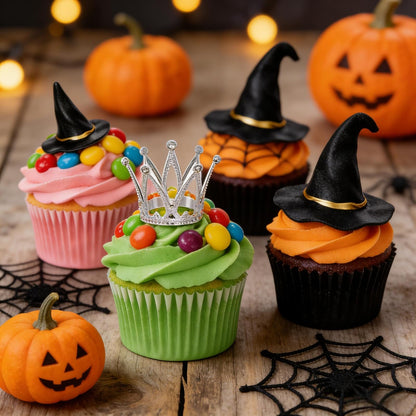 cnomg 24 Pcs Witch Hat and Crown Cake Topper Mini Wizard Hats Crown Cupcake Decorations for Party Birthday Cake Craft