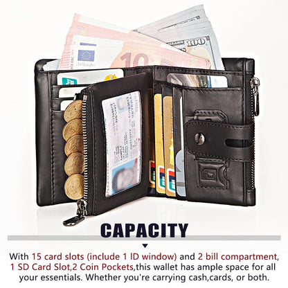V LUVIAS Anti-Theft Mens Wallet with Chain Genuine Leather ID Window Purse with RFID Blocking Bifold Double Zipper Coin Pocket with Gift Box
