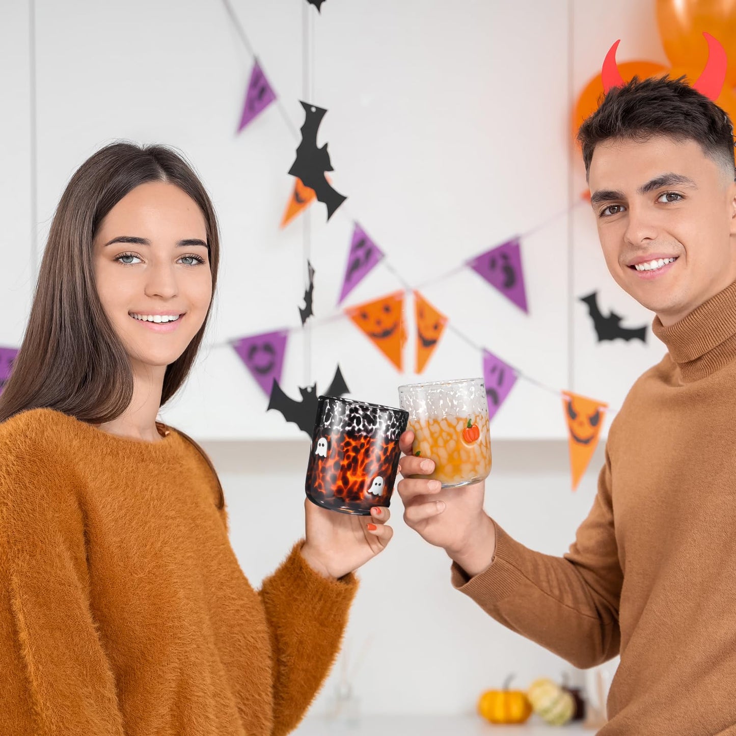 Skylety 4 Pcs Halloween Icon Glass Cups - 16 oz Pumpkin, Ghost, Bat, Cat Icon Juice Glasses Double Old Fashioned Drinking Cups - Ideal for Halloween Party Decoration, Friends Lovely Gifts
