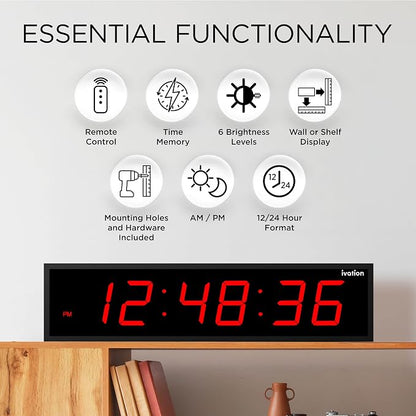 Ivation Oversized Large Digital Wall Clock - Big LED Digital Clock w/Large Display & Durable Aluminum Frame, Shelf or Wall Mount (30 Inch - Red) 6 Brightness Levels | Time Memory | Remote