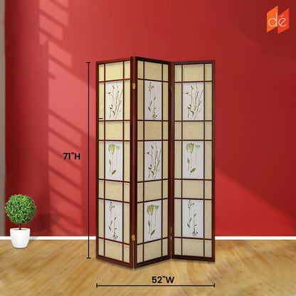 Legacy Decor Room Divider Screen - Freestanding Folding Privacy Screen, Pine Wood Indoor Room Partition, Botanical Floral Wall Divider for Bedroom, Office, Studio, 71 Inch Tall, Cherry - 4-Panel