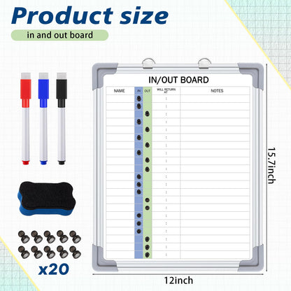Lincia in and Out Magnetic Dry-Erase Board 16" x 12" Aluminum Framed White Board with Lines 21 Names with Magnetic Dry-Erase Marker, Eraser, and 20 Magnets Wall-Mounted for Office Employee