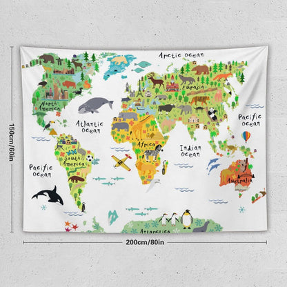 DDCBNS Kids World Map Tapestry, Cartoon Animal Map for Boys & Girls, Fun Educational Wall Hanging for Study, Classroom, Bedroom, Living Room - 80" x 60"