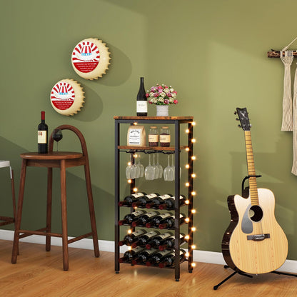 IBUYKE Wine Racks Freestanding Floor,Liquor Bottle Holder,16 Bottles Wine Cabinet with Glass Holder,Wine Holder Display,Mini Wine Bar Table for Living Room,Kitchen Pantry,Dining Room,Brown UTMJ907H