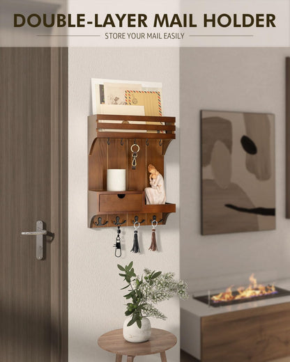 Rebee Vision Farmhouse Key Holder Wall Mount – Decorative Mail Organizer with 9 Key Hooks and Mini Drawer Organizer – Rustic Home Decor for Apartment Essentials (Brown)