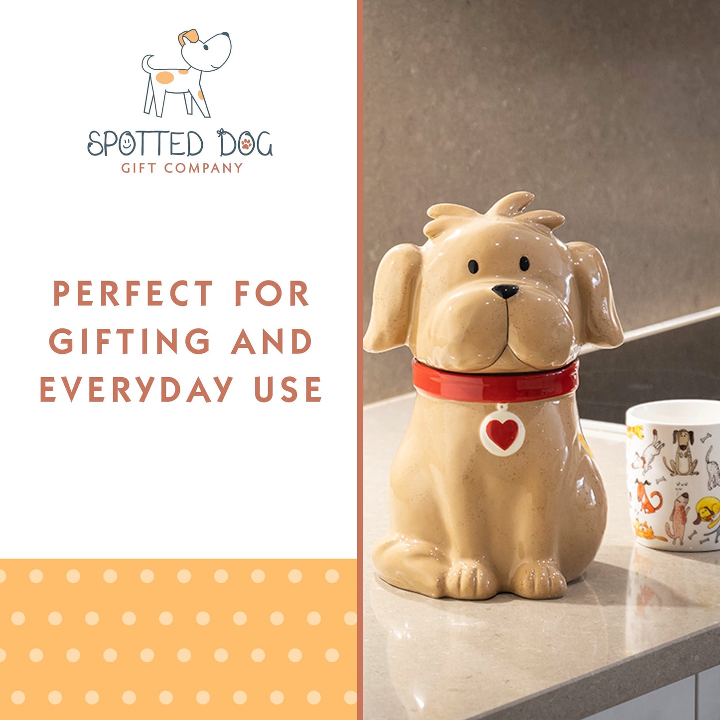 SPOTTED DOG GIFT COMPANY Ceramic Cookie Jar with Lid, Large Dog Treat Jar for Cookies & Biscuits, Cute Novelty Storage Container for Kitchen Counter, Gifts for Dog Lovers - 49oz Brown