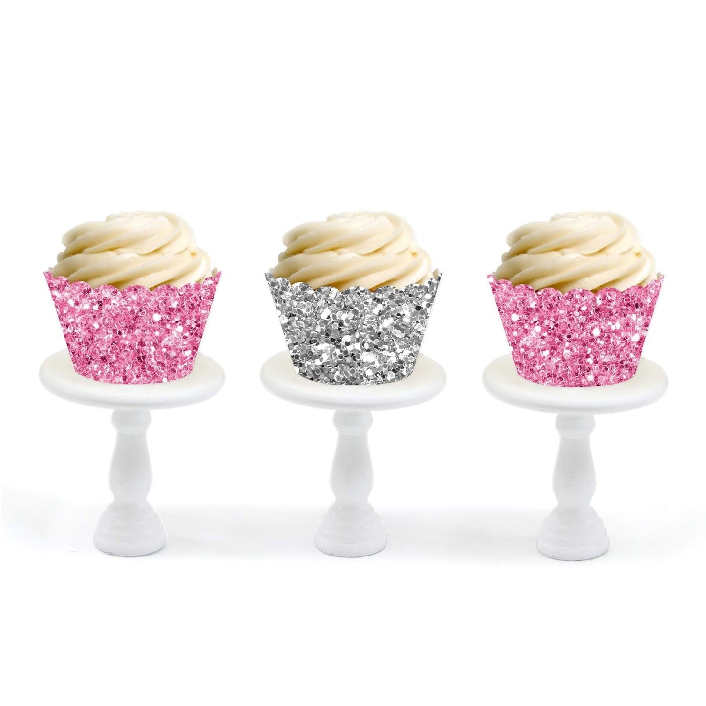 Andaz Press Party Cupcake Wrapper Decorations, Pink And Silver Glitter Paper, 24-Pack, Bulk Cake Supplies Pink Cupcake Wrappers Girl Baby Shower 1st Birthday, Not Real Glitter Silver Cupcake Wrappers