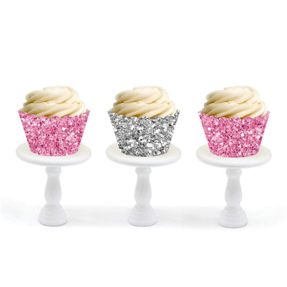 Andaz Press Party Cupcake Wrapper Decorations, Pink And Silver Glitter Paper, 24-Pack, Bulk Cake Supplies Pink Cupcake Wrappers Girl Baby Shower 1st Birthday, Not Real Glitter Silver Cupcake Wrappers