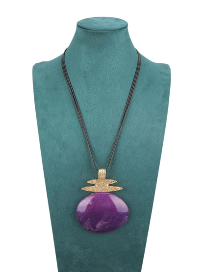 Jeniiahua Boho Necklaces for Women Leather Bohemian Chunky Vintage Long Necklace with Large Purple Irregular Pendant