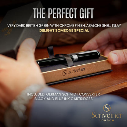 Scriveiner Black Green Fountain Pen - Stunning Luxury Pen with Chrome Finish, Schmidt Nib (Medium), Best Pen Gift Set for Men & Women, Professional, Executive, Office, Nice Pens