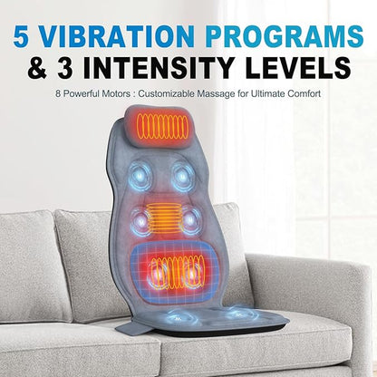 Back Massager with Heat, Full Body Massage Pad with Pillow Neck Support, Soft Plush Fabric Cover, Chair Massager with 3D Lumbar Truction and 8 Vibration Motors, Gifts for Dad Mom, Home Office Use
