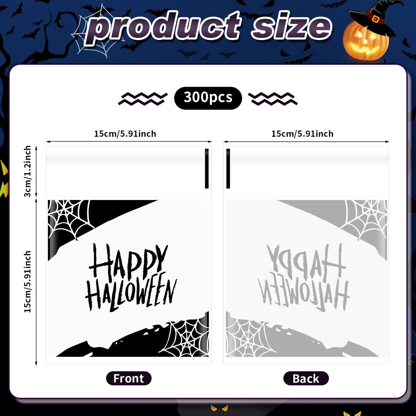 Gersoniel 300 Pcs Halloween Cookie Treat Bags 5.9 x 5.9 Inch Happy Halloween Self-adhesive Cellophane Candy Goodie Bags for Party Favors DIY Supplies