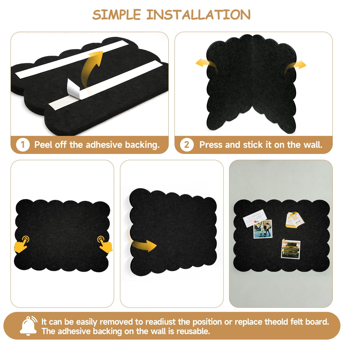Felt Bulletin Board 36" x 24" Cork Board Alternative,Decorative Felt Pin Board Foldable Cork Boards for Walls Self-Adhesive Cork Board for Home Office Classroom Pin Board (Black)