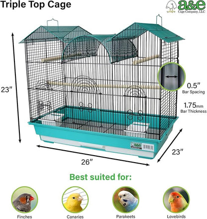 A&E Cage Co AE2614TT SP Blue Triple Top Bird Cage – 26" x 14" x 23" Decorative Small Bird Cage – Includes 2 Feeder Stations, 3 Wood Perches, Slide-Out Tray & Carry Handle (Teal)