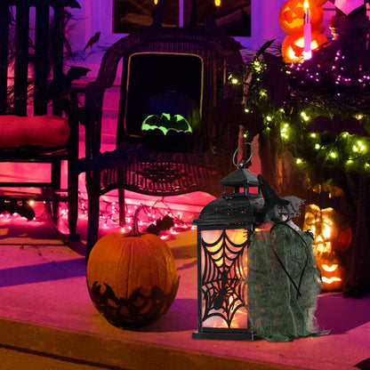 DECORKEY Halloween Decorations Indoor, 14.7" Spider Web Candle Glitter Lantern with LED Lights (8 Modes), Hanging Halloween Lanterns with Witch, Outdoor Home Room Table Party Hocus Pocus Decor