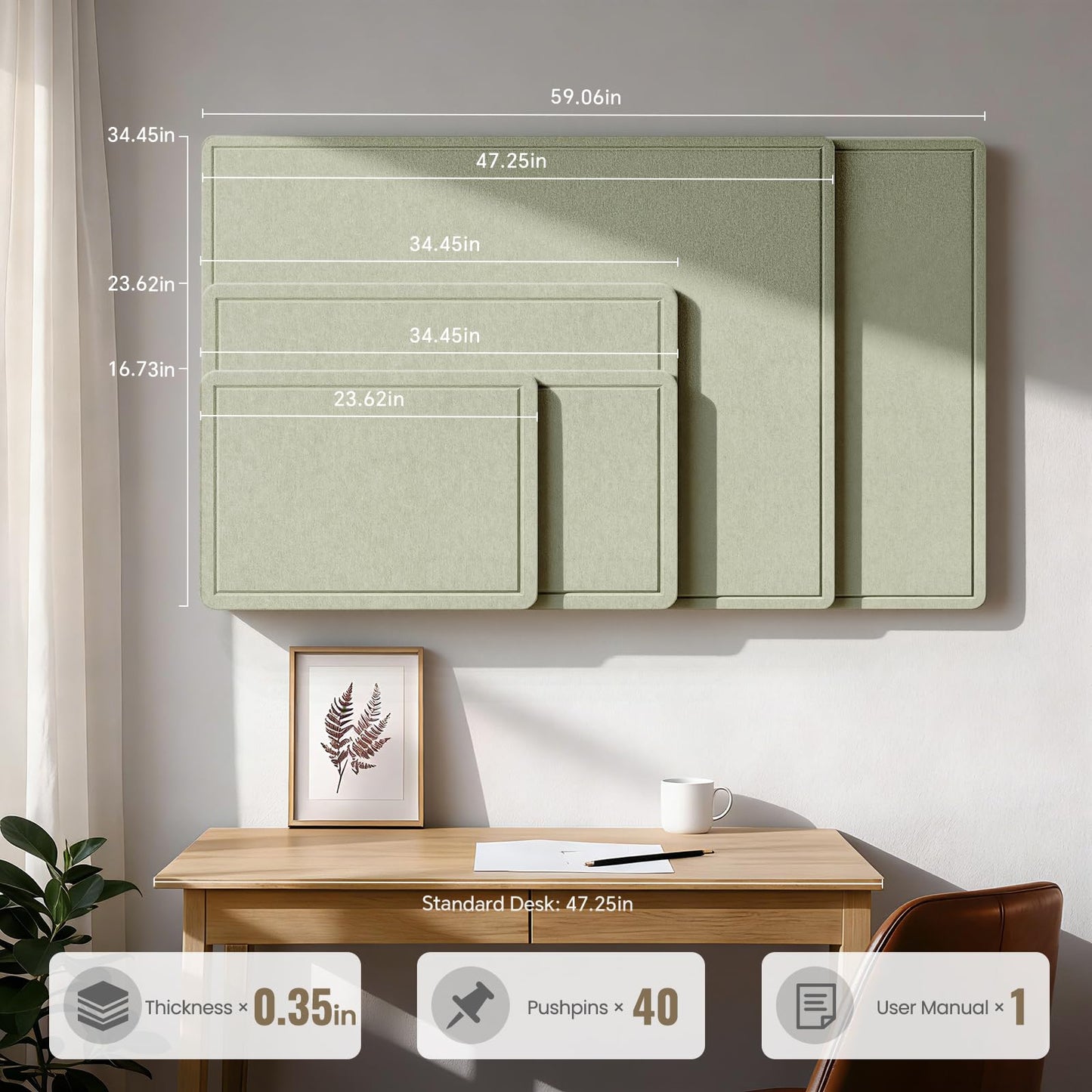 Large Bulletin Board, 60 X 35 Inches Felt Cork Board with 40 Pushpins, Foldable Felt Notice Pin Board Photo Display Board with Self-Adhesive Tape for Office Home School (Sage, 60x35 inch)