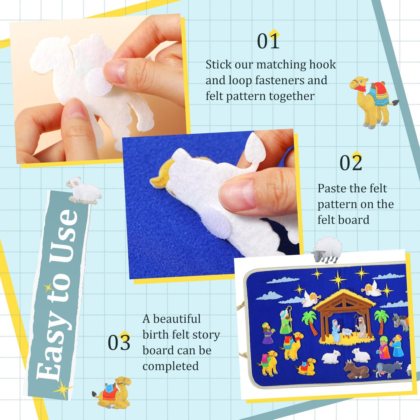 Yilloog Nativity Bible Felt Board Jesus Birth Felt Story Board Set Stories for Preschool, 32 Pcs Birth of Jesus Figures Nativity Stories Kit for Toddler Classroom Storytelling Activity(Classic Style)
