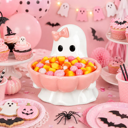 Reallnaive Halloween Candy Bowl Pink Bow Ghost Shaped Ceramic Candy Dish Ghost Serving Tray Cute Halloween Tabletop Decoration Cookie Jar for Party Supply