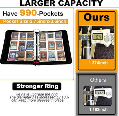 990+Pockets Trading Card Holder Binder with Zipper for Y-G-O Cards, MTG, TCG Cards, 990 Cards Capacity