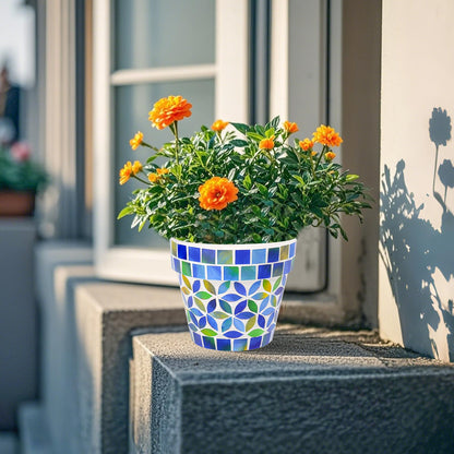 Chonsun Small Mosaic Plant Pot Flower Pots Ceramic Planter with Drainage Hole Small Ceramic Pot for Indoor Outdoor Plants Succulent Pots Blue with Flower Design