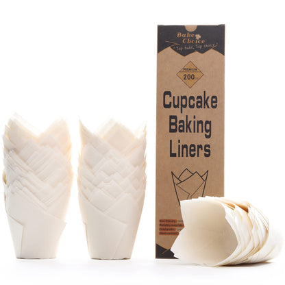 Bake Choice 200pcs White Tulip Cupcake Liners for Baking Cups European Parchment Paper Tulip Muffin Liners,Nordic Paper Cupcake Wrapper for Party, Christmas