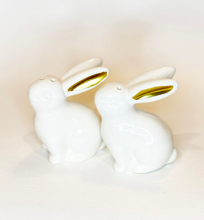 White Ceramic Easter Bunny Salt and Pepper Shaker Set with Gold Metallic Ears, 3" High, 2 Piece with Gift Box