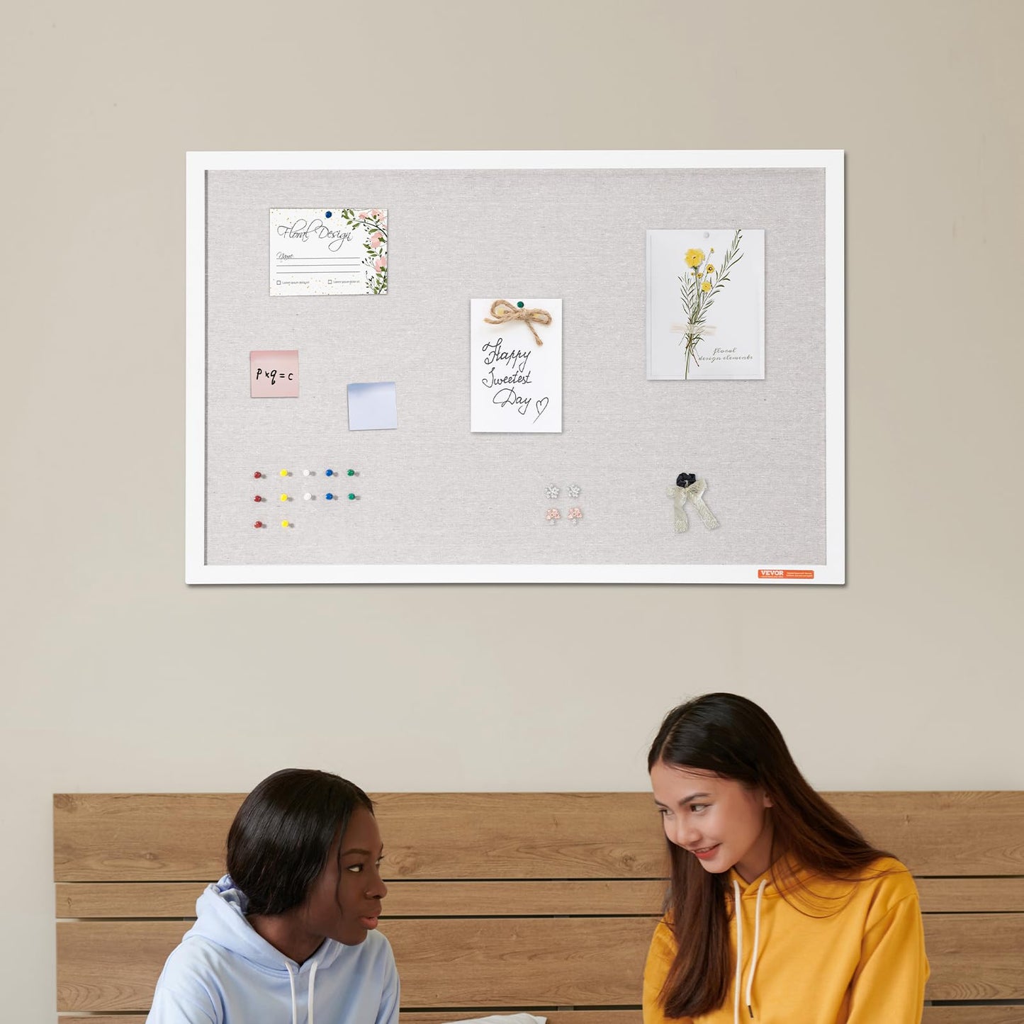 VEVOR 36"x24" White Cork Board with Linen Surface – Stylish Wall-Mounted Bulletin Board for Home, School, Office – Elegant & Functional Noticeboard