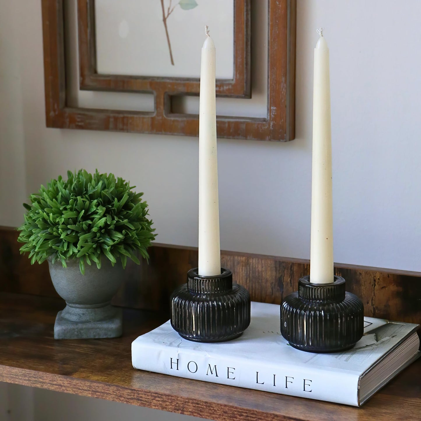 Kate Aspen Taper Candle Holders for Candlesticks, Smoke Grey Ribbed Glass Candlestick Holders Set of 4 - Candlestick Stand Decor, Fall Home Decor Accents, Modern Centerpieces, Black Candle Holder