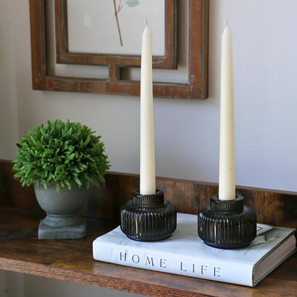 Kate Aspen Taper Candle Holders for Candlesticks, Smoke Grey Ribbed Glass Candlestick Holders Set of 4 - Candlestick Stand Decor, Fall Home Decor Accents, Modern Centerpieces, Black Candle Holder