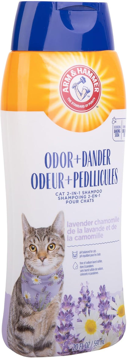 Arm & Hammer 2-in-1 Deodorizing & Dander Reducing Shampoo for Cats, Baking Soda Cat Shampoo for Dander, Odor Control and Coat Cleaning, Lavender Chamomile Scent, 20 Fl Oz