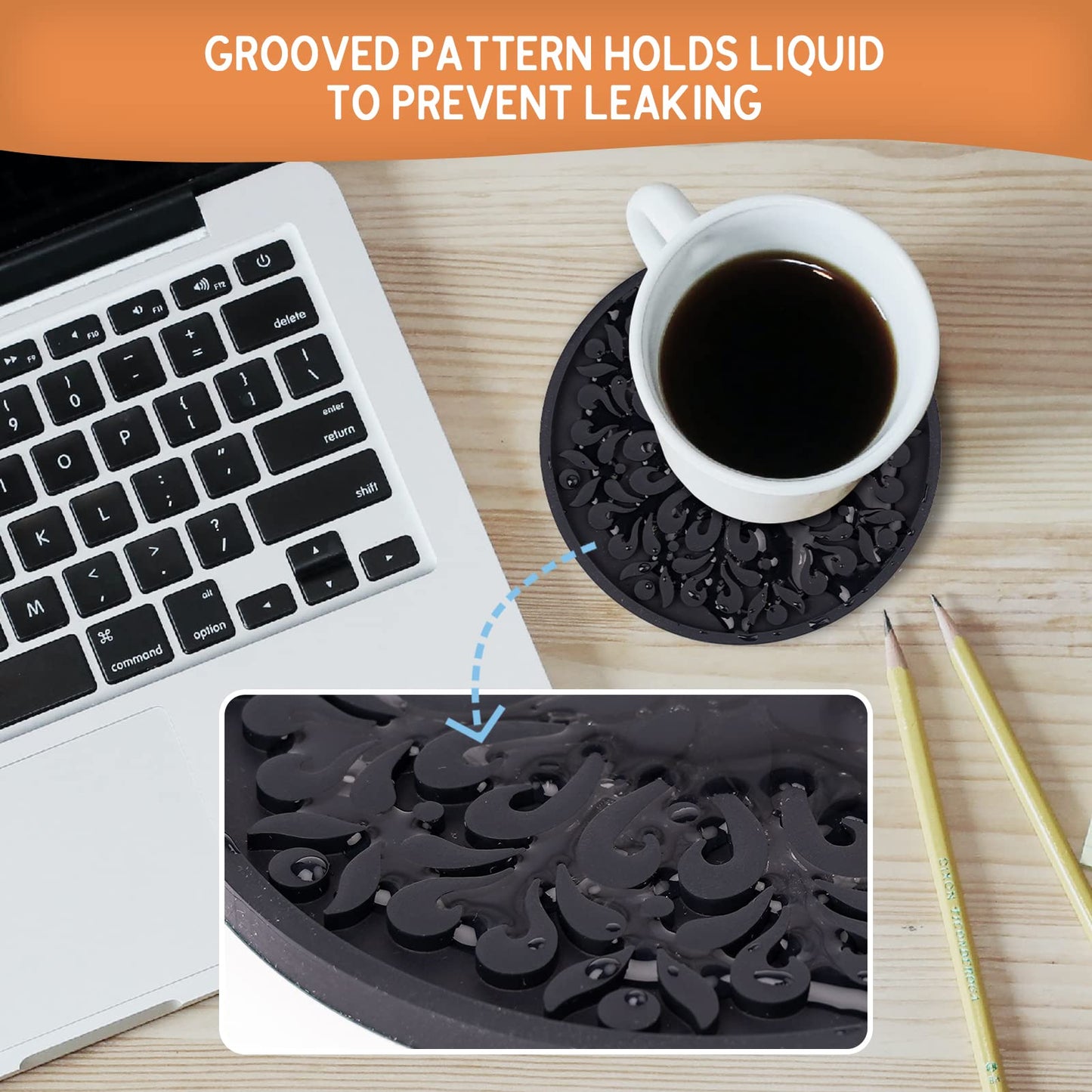 8 Pcs Boho Coasters for Drinks, Silicone Coasters with Holder, Boho Style Grooved Pattern, Tabletop Protection Coaster for Outdoor, Indoor, Coffee Table, Kitchen, Office, Bar, Heat Resistant