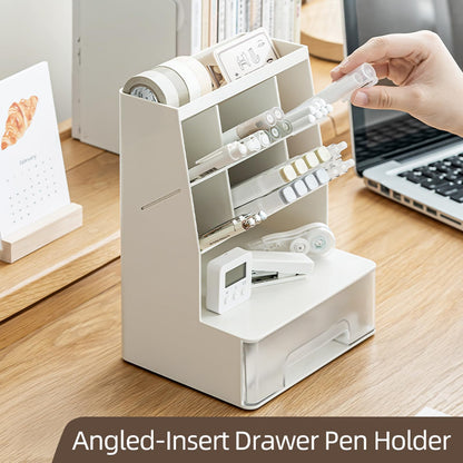 TNDCKP Large Plastic Pen holder with drawer and Vertical 6-Compartment, Dual-Purpose Art Supply Pencil Cup for Office, School, Home (WHITE)