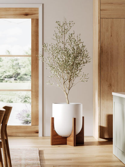 LE TAUCI 12 Inch Pots for Plants with Acacia Wood Stand, Ceramic Large Planters for Indoor Plants, Indoor Planters for Office Living Room, Cylinder Pots with Drainage Hole and Plug, White