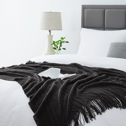 BOURINA Black Throw Blanket 50x60 Inches Throw Textured Solid Soft Sofa Couch Decorative Knit Blanket