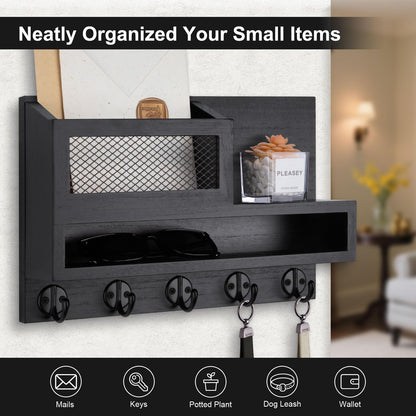 Lucundm Key and Mail Holder Wall Mount, Key Hanger with Long Storage Box and 5 Hooks for Coat, Dog Leash, Home Decor Rack, House Accessories, Entry Way Organizer 11.8”W x 7.8”H x 3.2”D