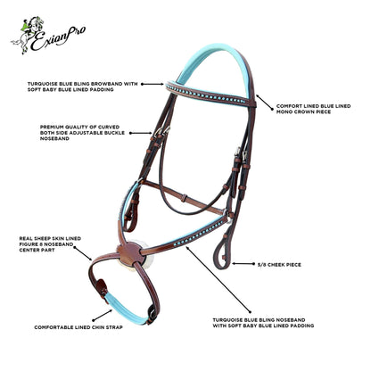 Exion Blue Bling Browband and Figure 8 Noseband Horse Bridle with Blue Soft Lined Crown Piece and Rubber Reins | Royal Figure Eight Blue English Bridle.