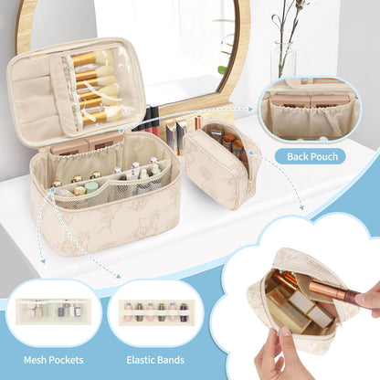 OCHEAL Makeup Bag Set, Portable Travel Makeup Bags Cosmetic Organizer Bag for Women Cute Floral Cosmetic Pouch Large Capacity Make up Bag PU Leather Toiletry Bags with Divider and Handle-Beige