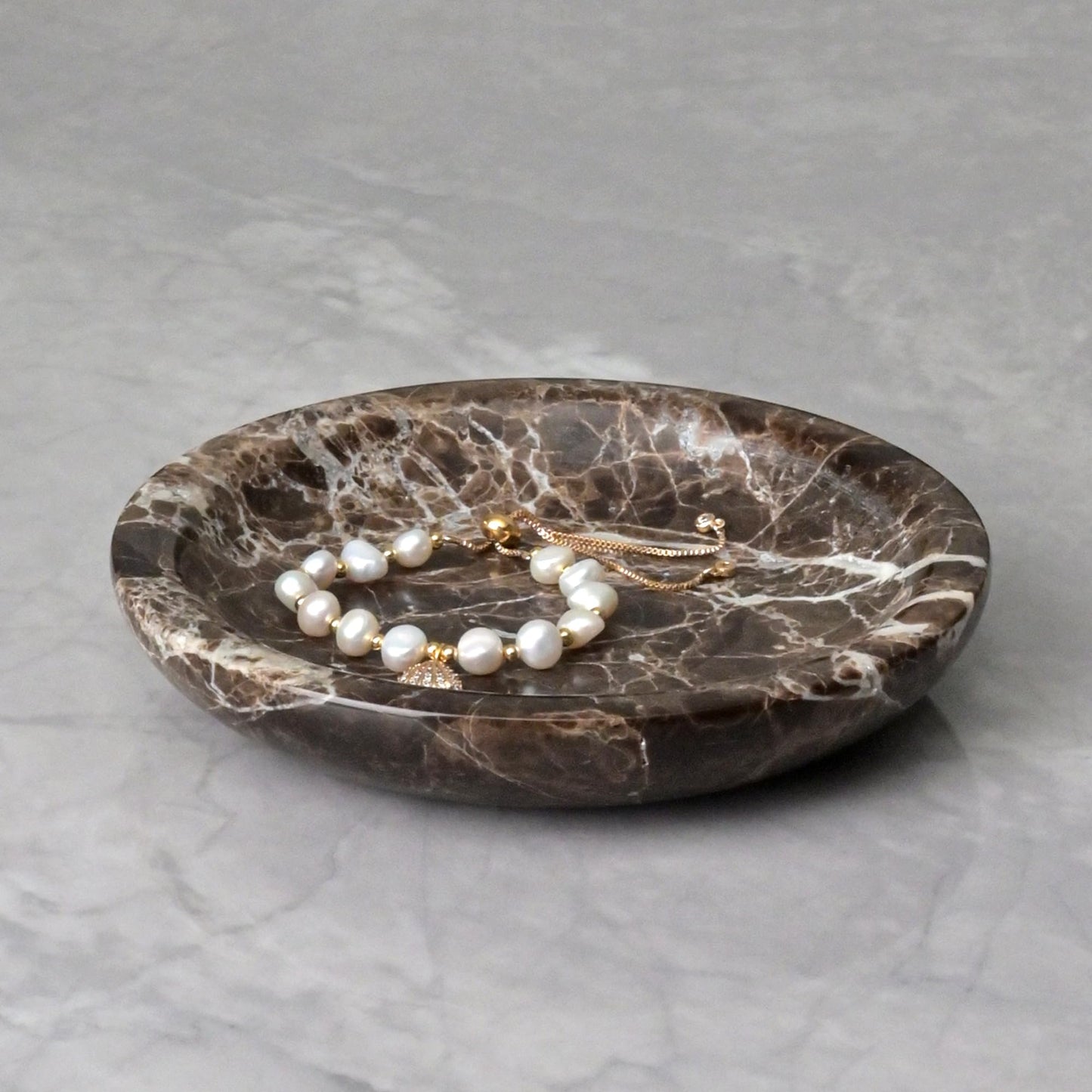 ZSHAWN Natural Marble Ring Dish Jewelry Tray – 5.5" Trinket Dish for Rings Earrings Necklace, Scratch-Resistant Vanity Organizer, Elegant Gift for Women (Emperador Dark)