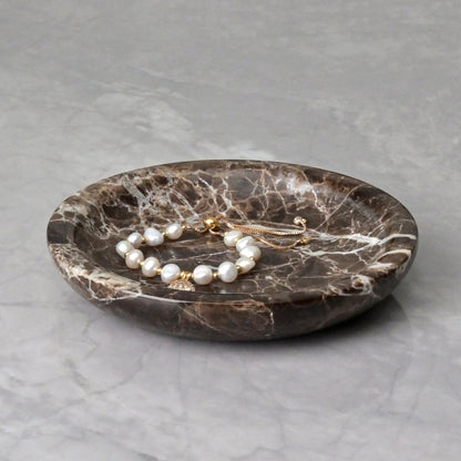 ZSHAWN Natural Marble Ring Dish Jewelry Tray – 5.5" Trinket Dish for Rings Earrings Necklace, Scratch-Resistant Vanity Organizer, Elegant Gift for Women (Emperador Dark)