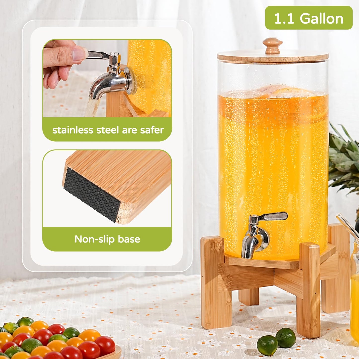 MOBYKE 2 PCS 1.1 Gallon Drink dispenser, Large Water Glass Beverage Dispenser With Wood Stand for Parties With Stainless Steel Spigot, Ideal for Lemonade,Juice, Tea, and Party Drinks
