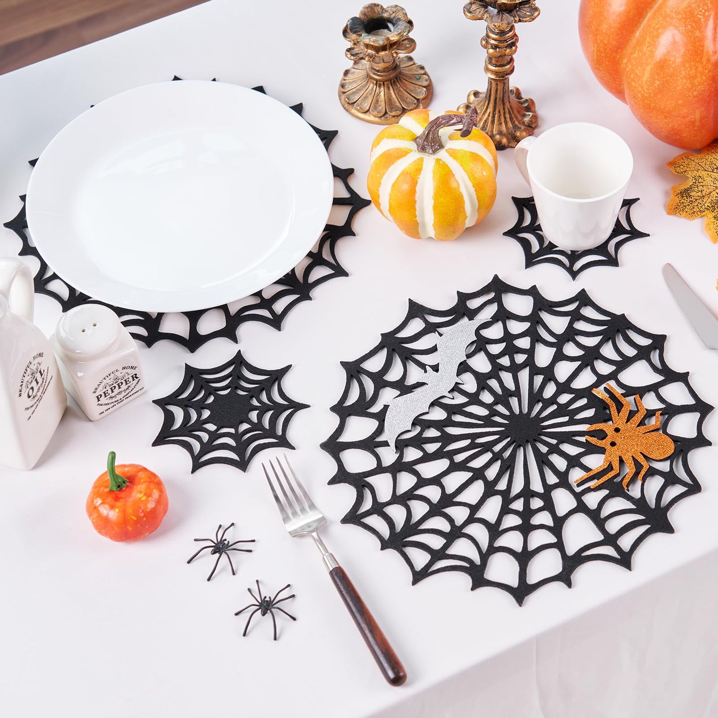 Halloween Spider Web Placemats Set of 8, Hollow Out Spider Web Dining Table Decor, Ideal for Holiday Party Decorations