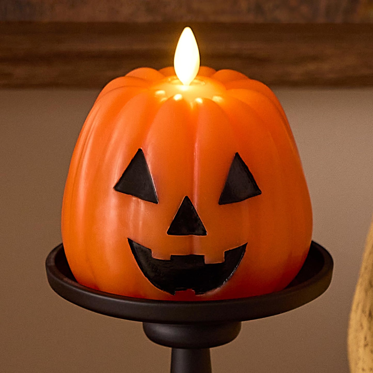 Luminara Flickering Flameless 4" x 4.3" Candle, Battery Powered LED Jack-o-Lantern Pumpkin Candle w/Timer, Remote Ready (Sold Separately), Real Orange Wax Indoor Halloween Decoration